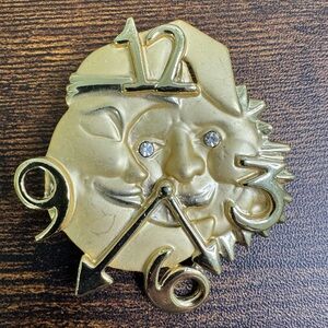 AJC Gold Sun and Moon Clock Brooch Pin Vintage 80’s Steampunk Whimsical